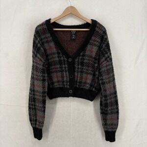 Hot Topic Social Collision Cardigan Sweater Womens XL Gray Plaid Cropped Gothic